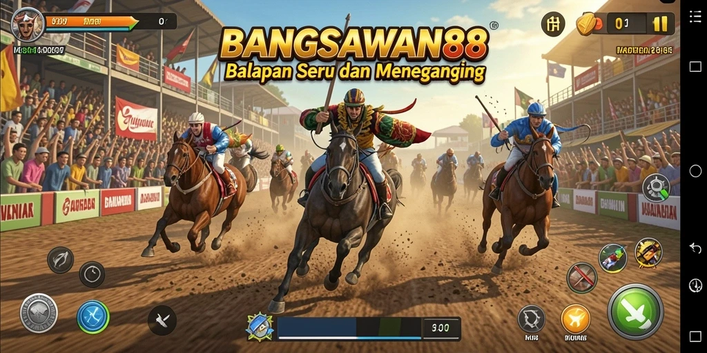 Tampilan gameplay seru BANGSAWAN88 dengan mobil balap yang cepat.