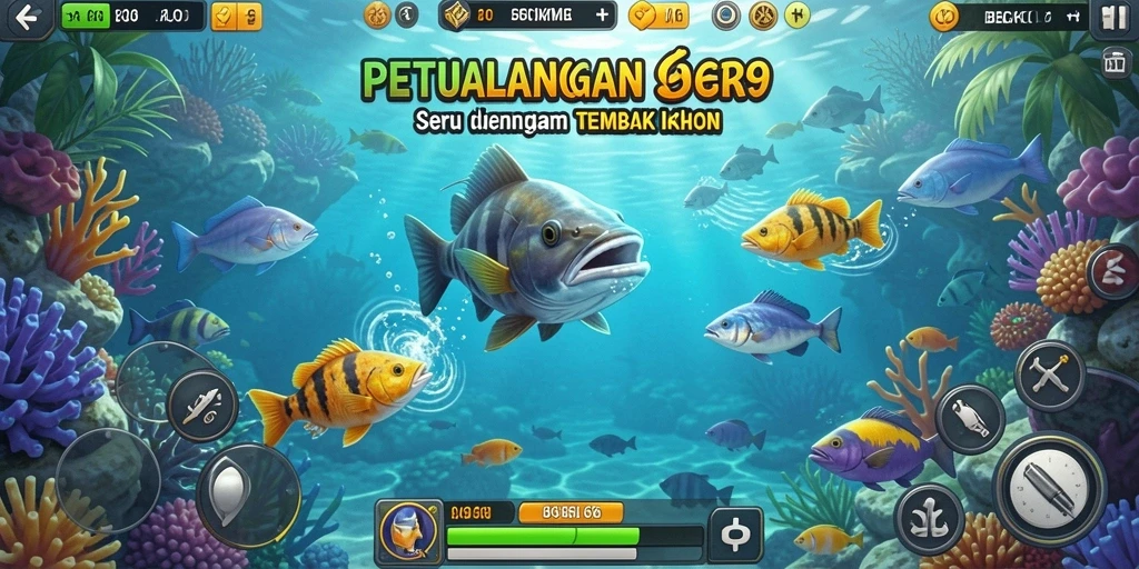 Tampilan gameplay BENGKEL69 dengan berbagai ikan yang bisa ditangkap.