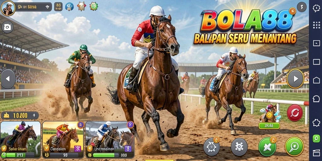 Screenshot BOLA88 menampilkan balapan mendebarkan dengan mobil berkecepatan tinggi.