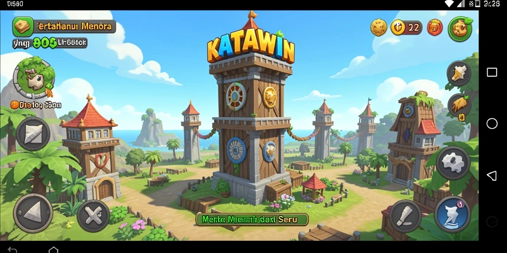 Gameplay KATAWIN menampilkan menara pertahanan melawan gelombang musuh.