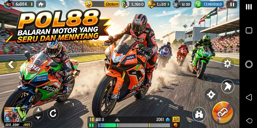 Tampilan gameplay seru dari POL88 saat balapan motor di trek yang menantang.
