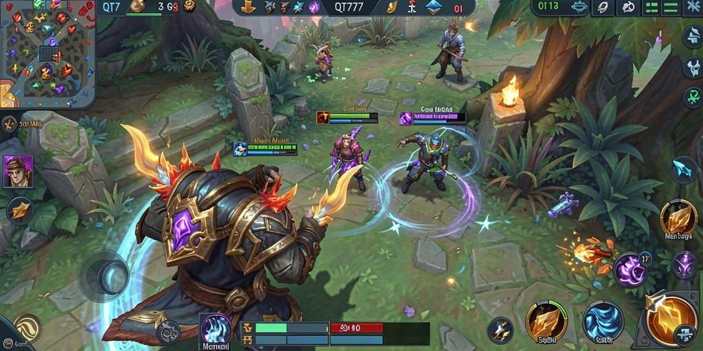 Screenshot utama dari QT777 menampilkan aksi gameplay MOBA yang mendebarkan.